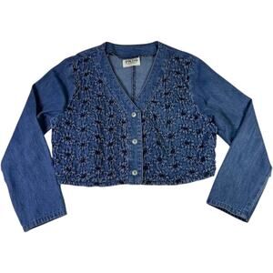 VTG PADO Denim jacket Floral Women's Medium Crop top cottage core boho USA made